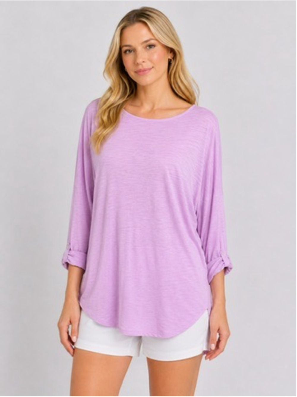 J. JILL Lilac Slub Knit Tunic Top Roll Tab Sleeve Pleat Back 100% Cotton Size XL